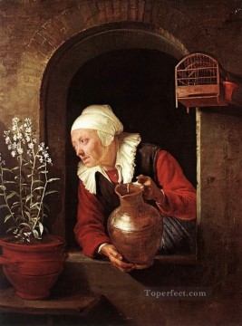  Flor Arte - Anciana regando flores Edad de oro Gerrit Dou